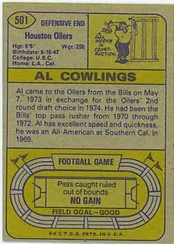 1974 Topps #501 - Al Cowlings - Houston Oilers - Back