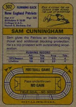 1974 Topps #502 - Sam Cunningham - New England Patriots - Back