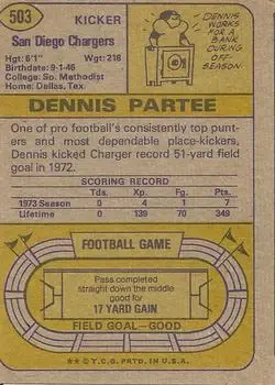 1974 Topps #503 - Dennis Partee - San Diego Chargers - Back