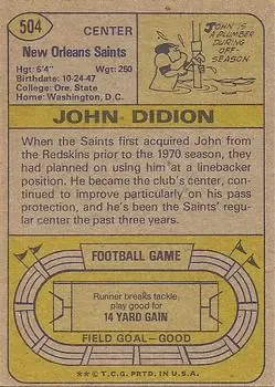 1974 Topps #504 - John Didion - New Orleans Saints - Back