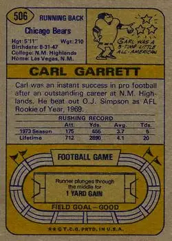 1974 Topps #506 - Carl Garrett - Chicago Bears - Back