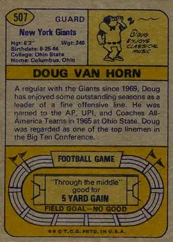 1974 Topps #507 - Doug Van Horn - New York Giants - Back