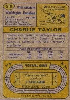 1974 Topps #510 - Charley Taylor - Washington Redskins - Back