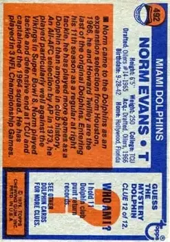 1976 Topps #492 - Norman Evans - Miami Dolphins - Back