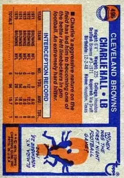 1976 Topps #496 - Charlie Hall - Cleveland Browns - Back