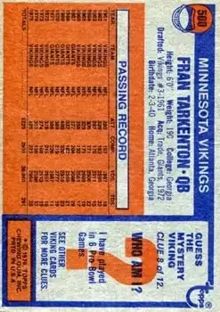 1976 Topps #500 - Fran Tarkenton - Minnesota Vikings - Back 1976 Topps #500 - Fran Tarkenton - Minnesota Vikings - Back