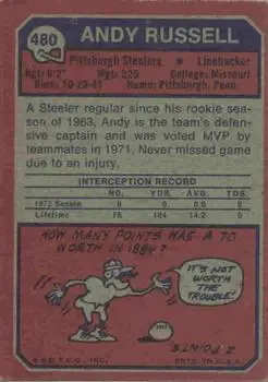 1973 Topps #480 - Andy Russell - Pittsburgh Steelers - Back