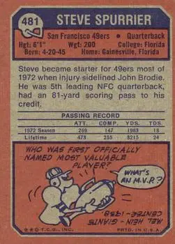 1973 Topps #481 - Steve Spurrier - San Francisco 49ers - Back