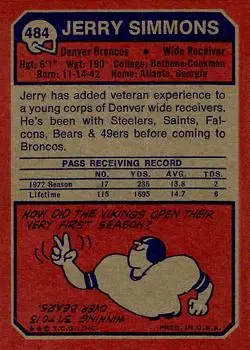 1973 Topps #484 - Jerry Simmons - Denver Broncos - Back