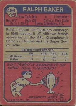 1973 Topps #486 - Ralph Baker - New York Jets - Back 1973 Topps #486 - Ralph Baker - New York Jets - Back