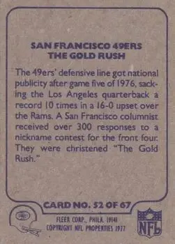 1977 Fleer Team Action #52 - Card #52 - San Francisco 49ers - Back