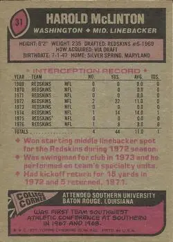 1977 Topps #31 - Harold McLinton - Washington Redskins - Back