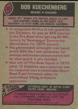 1977 Topps #33 - Bob Kuechenberg - Miami Dolphins - Back