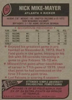 1977 Topps #37 - Nick Mike-Mayer - Atlanta Falcons - Back