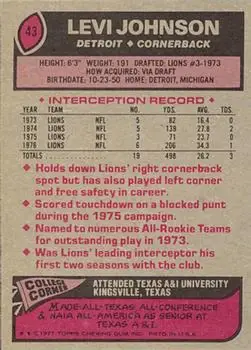 1977 Topps #43 - Levi Johnson - Detroit Lions