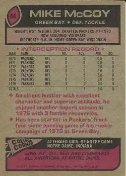 1977 Topps #44 - Mike McCoy - Green Bay Packers - Back