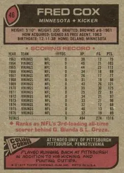 1977 Topps #46 - Fred Cox - Minnesota Vikings