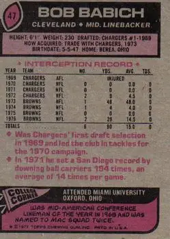 1977 Topps #47 - Bob Babich - Cleveland Browns