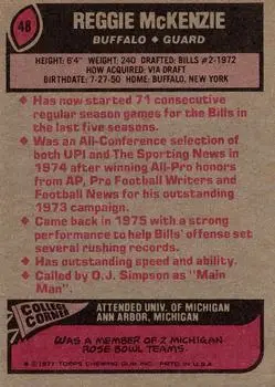 1977 Topps #48 - Reggie McKenzie - Buffalo Bills - Back 1977 Topps #48 - Reggie McKenzie - Buffalo Bills - Back