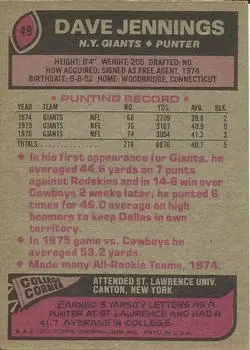 1977 Topps #49 - Dave Jennings - New York Giants