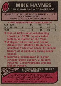 1977 Topps #50 - Mike Haynes - New England Patriots - Back