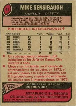 1977 Topps Mexican #41 - Mike Sensibaugh - St. Louis Cardinals - Back