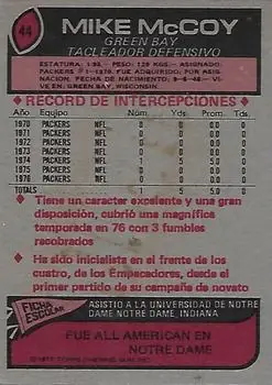 1977 Topps Mexican #44 - Mike McCoy - Green Bay Packers - Back