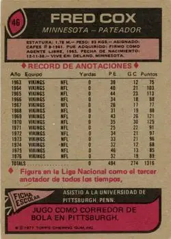 1977 Topps Mexican #46 - Fred Cox - Minnesota Vikings - Back