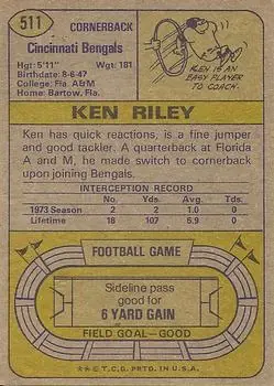 1974 Topps #511 - Ken Riley - Cincinnati Bengals 1974 Topps #511 - Ken Riley - Cincinnati Bengals