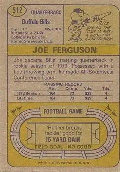 1974 Topps #512 - Joe Ferguson - Buffalo Bills - Back