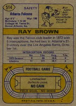 1974 Topps #514 - Ray Brown - Atlanta Falcons - Back 1974 Topps #514 - Ray Brown - Atlanta Falcons - Back