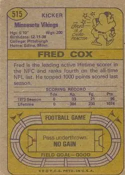 1974 Topps #515 - Fred Cox - Minnesota Vikings