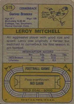 1974 Topps #519 - Leroy Mitchell - Denver Broncos - Back