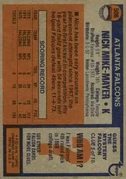 1976 Topps #506 - Nick Mike-Mayer - Atlanta Falcons - Back