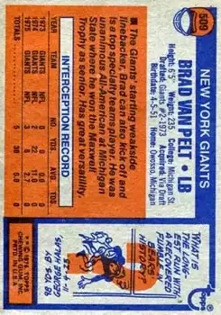 1976 Topps #509 - Brad Van Pelt - New York Giants - Back 1976 Topps #509 - Brad Van Pelt - New York Giants - Back