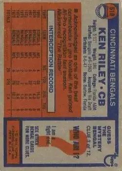 1976 Topps #510 - Ken Riley - Cincinnati Bengals - Back