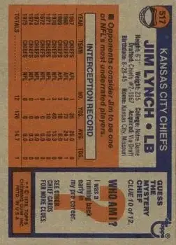 1976 Topps #517 - Jim Lynch - Kansas City Chiefs - Back 1976 Topps #517 - Jim Lynch - Kansas City Chiefs - Back