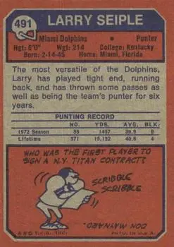 1973 Topps #491 - Larry Seiple - Miami Dolphins