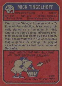1973 Topps #492 - Mick Tingelhoff - Minnesota Vikings - Back