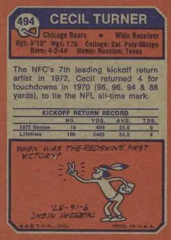 1973 Topps #494 - Cecil Turner - Chicago Bears - Back