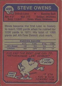 1973 Topps #495 - Steve Owens - Detroit Lions - Back 1973 Topps #495 - Steve Owens - Detroit Lions - Back