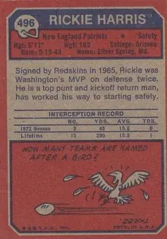 1973 Topps #496 - Rickie Harris - New England Patriots - Back
