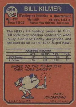 1973 Topps #499 - Bill Kilmer - Washington Redskins - Back