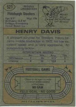 1974 Topps #521 - Henry Davis - Pittsburgh Steelers