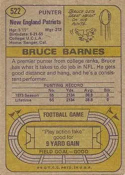 1974 Topps #522 - Bruce Barnes - New England Patriots - Back 1974 Topps #522 - Bruce Barnes - New England Patriots - Back
