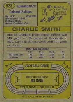 1974 Topps #523 - Charlie Smith - Oakland Raiders - Back