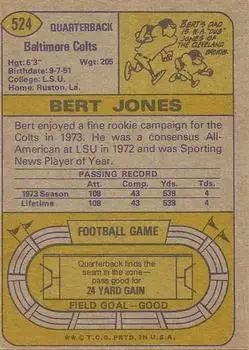 1974 Topps #524 - Bert Jones - Baltimore Colts - Back 1974 Topps #524 - Bert Jones - Baltimore Colts - Back