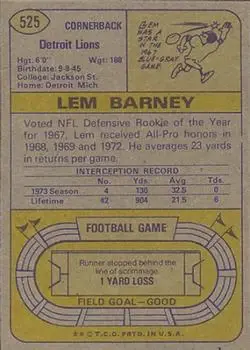 1974 Topps #525 - Lem Barney - Detroit Lions