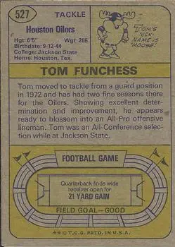 1974 Topps #527 - Tom Funchess - Houston Oilers - Back