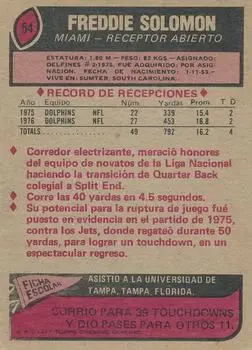 1977 Topps Mexican #54 - Freddie Solomon - Miami Dolphins - Back